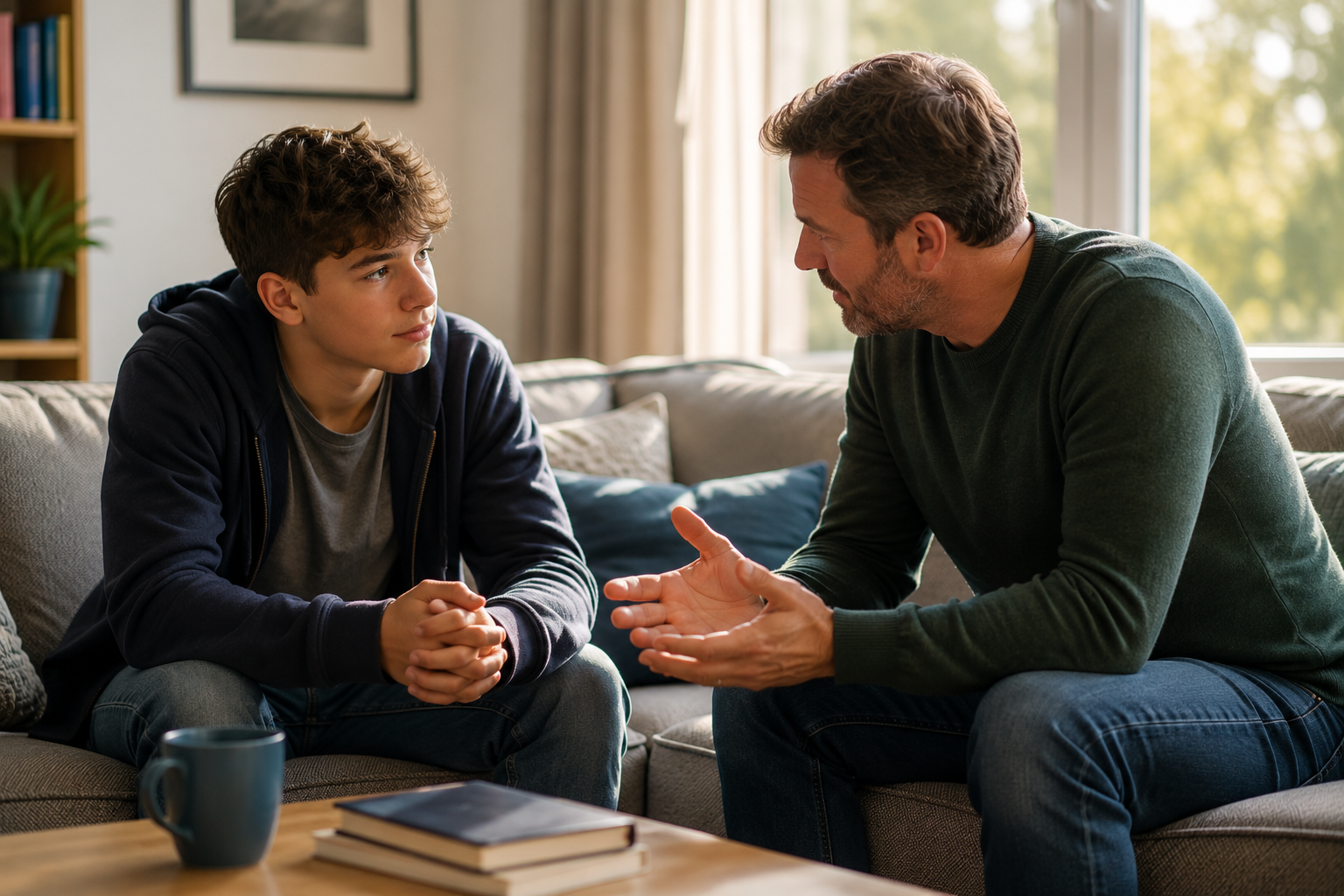 image of father having a serious conversation with teenage son