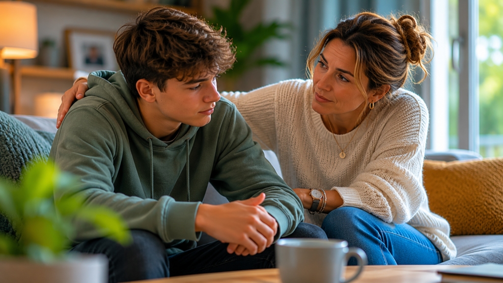 mother talking to her teenage son, concept of parenting