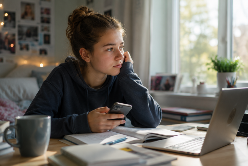 teenage girl looking ahead, sitting on a table with pending school work